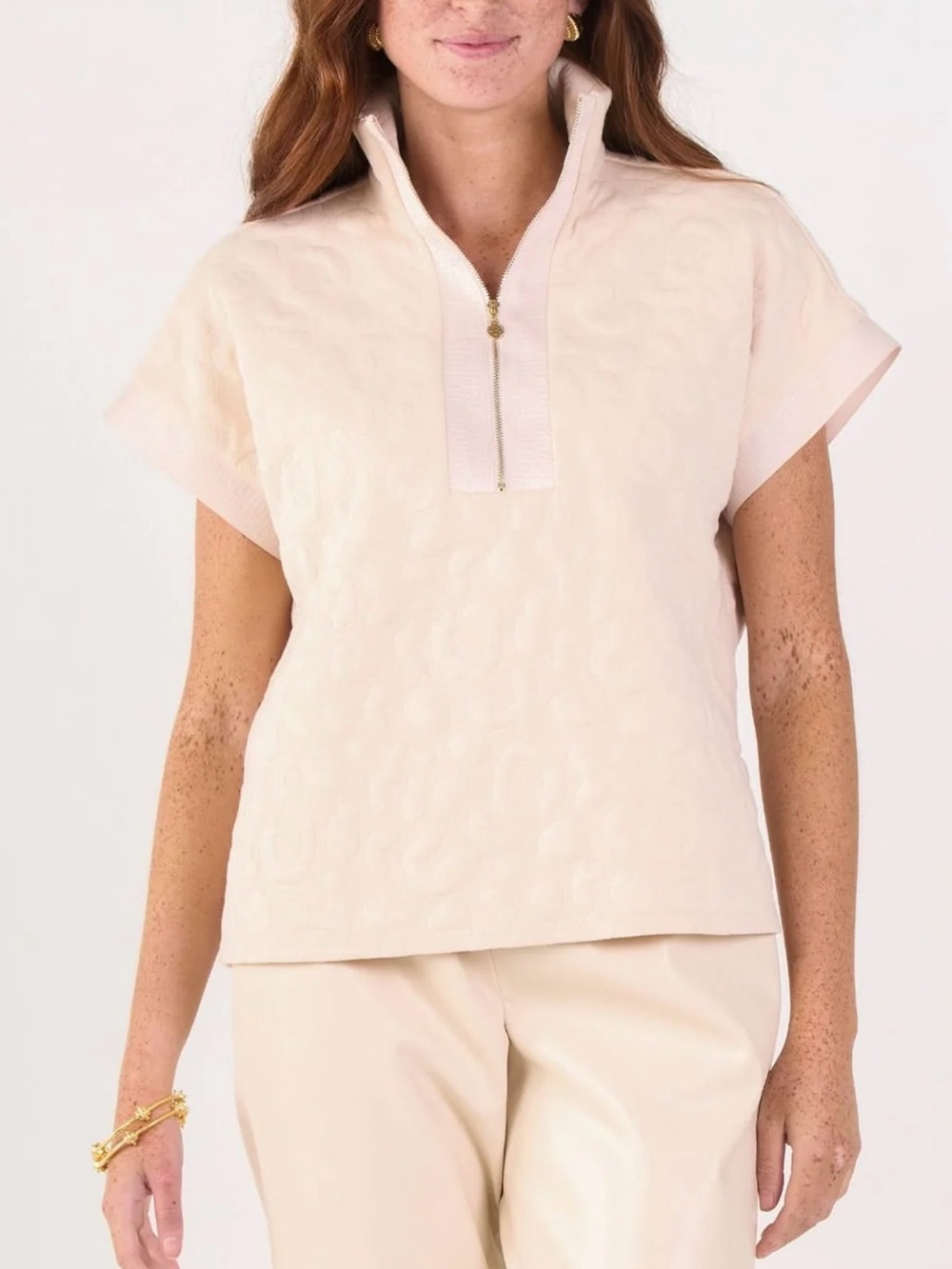Emily McCarthy poppy pullover Sandstone cheetah Short-Sleeve Zip-Front blouseEUC - Picture 2 of 3